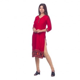 Red Jaipuri Rayon Printed Front Buttoned Kurti for Women