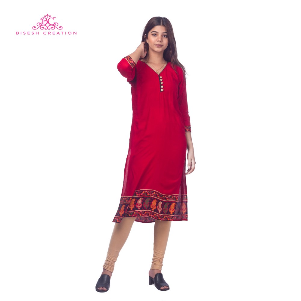 Red Jaipuri Rayon Printed Front Buttoned Kurti for Women