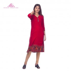 Red Jaipuri Rayon Printed Front Buttoned Kurti for Women